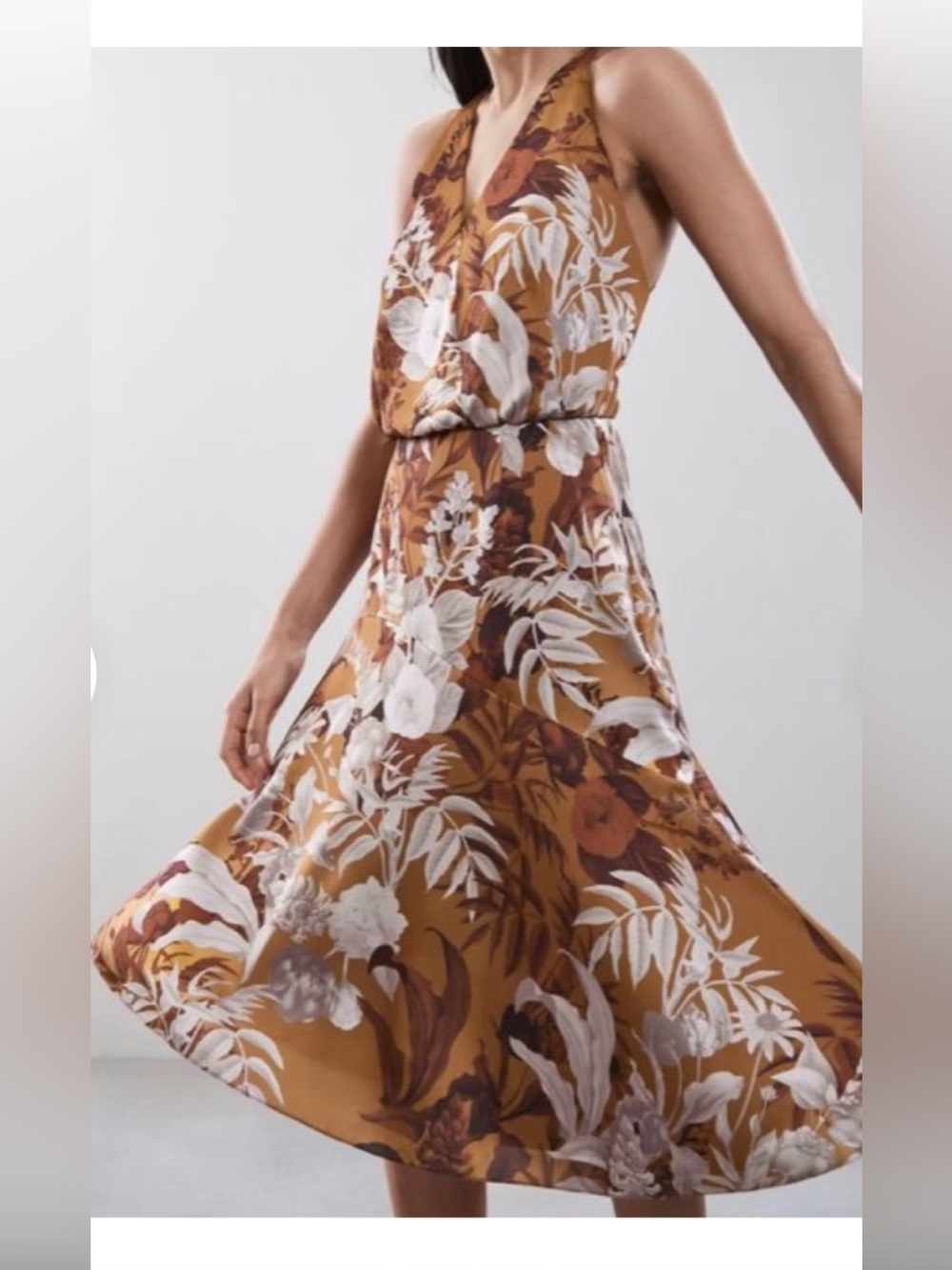 Reiss Mustard Floral Asymmetrical Midi Dress
